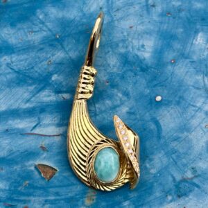 【特注品】Makanalu「キャッチ・ザ・ウェーブ」ペンダントM（ラリマー/K18無垢/ダイヤモンド一連）